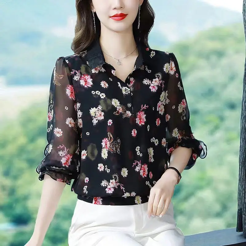 

Spring/Summer New Shirt Collar Printed Chiffon Blouse Loose Slim Women's Long Sleeve Floral Bottoming Top M-4XL