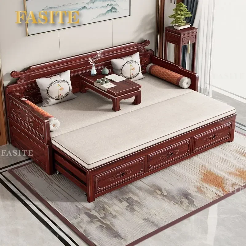 For 1.5m Solid Wood Rosewood Arhat Bed Sofa New Chinese Style Living Room Small Apartment Push Pull Telescopic Storage Model