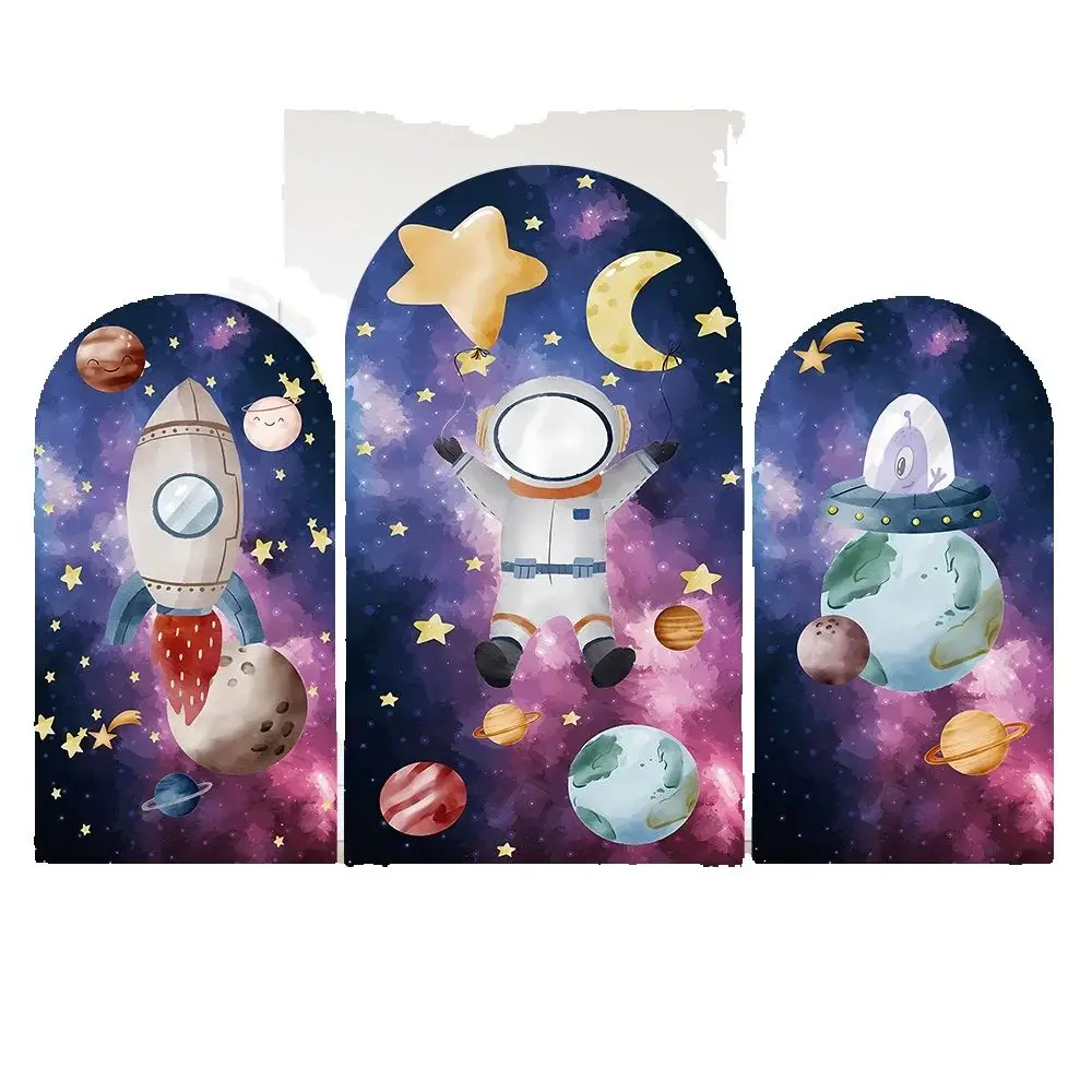 

Space Rocket Astronaut theme Boy Arch Backdrop Wall Birthday Decor Moon Stars Planet Baby Shower Arched Cover Background 2-Sided