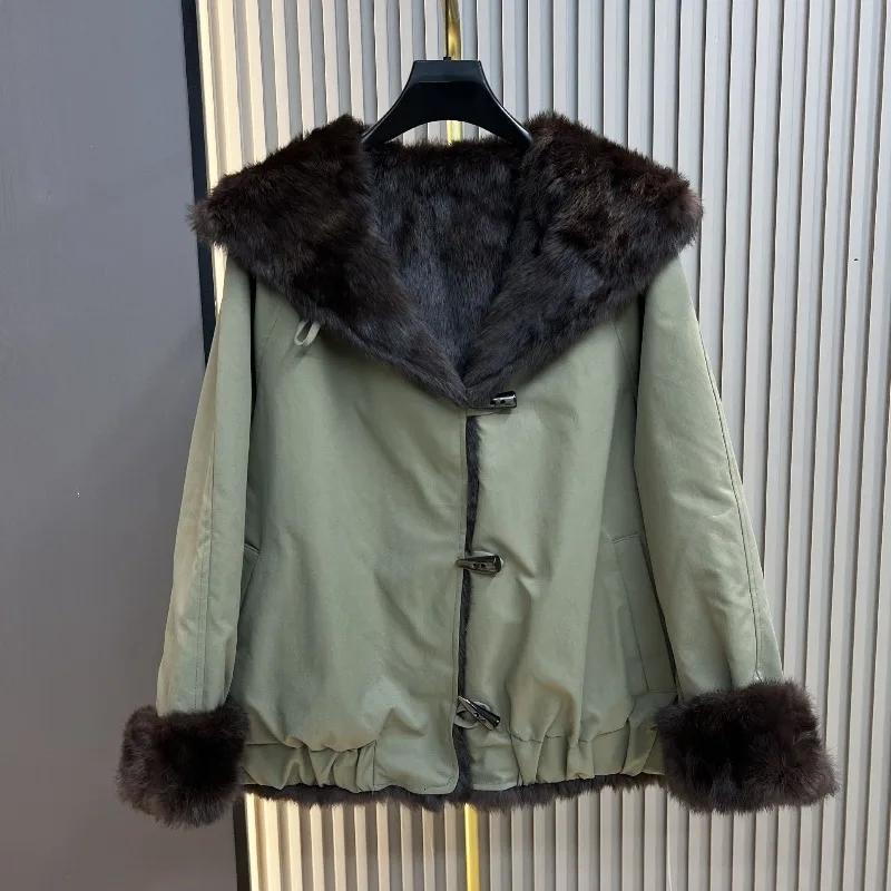 冬のレディースパーカー リバーシブル ラビットファー付きフードデザイン ツーインワン 暖かいウールコート 長袖 シングルブレスト フェイクファー トップ