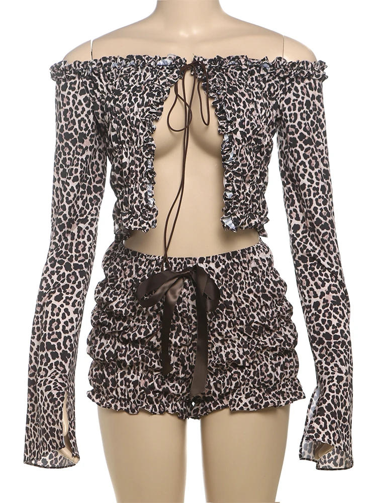 Weird Puss Leopard Print Sexy 2 Piece Set Women Elegant Lace Up Slash Neck Crop Tops+Elastic Shorts Matching Streetwear Outfits