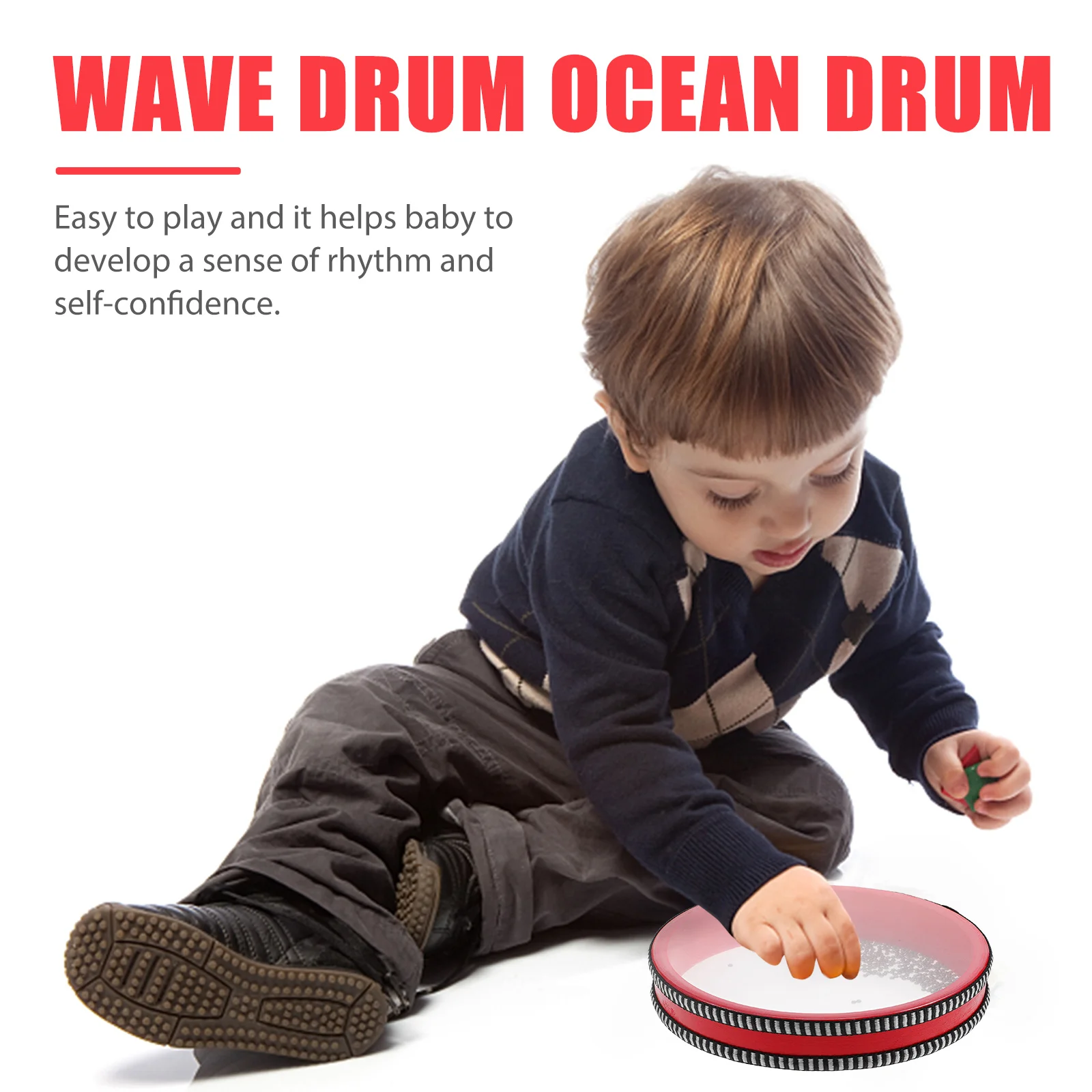 

6 inch Ocean Hand Musical Instrument Kids Toy Double-sided Wood Transparent Red Cartoon Percussion Drum Wave Drum