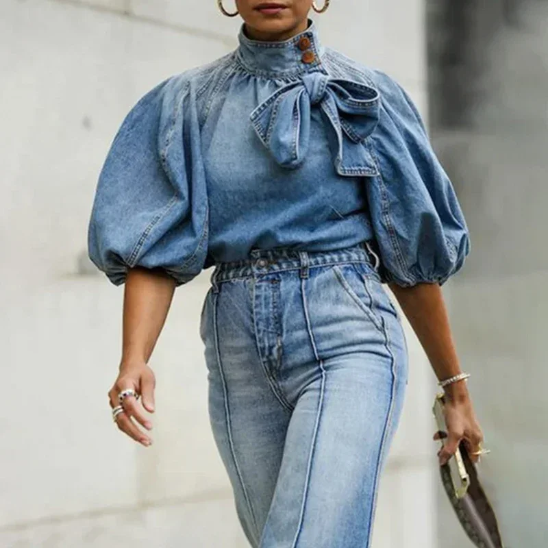 2023 Button Blouse Harajuku Lady Half Lantern Sleeve Denim Tops Tees Women Fashion Solid Bow Belt Turtleneck Pullover Shirts