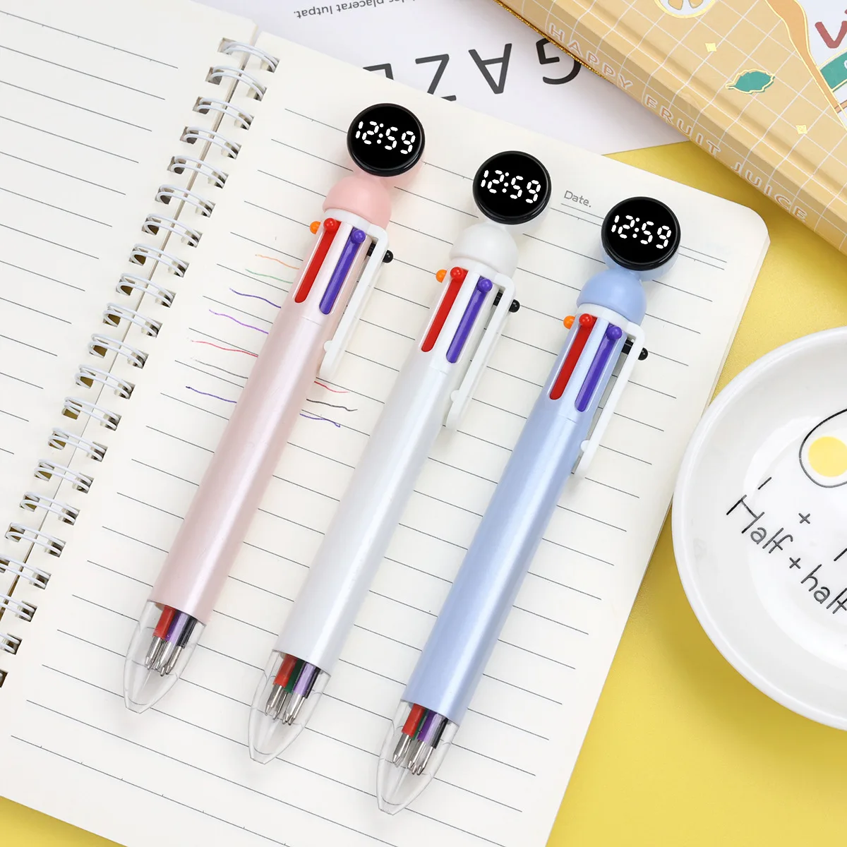 LED Silent Clock Multifunctional Stationery Pen Watches College Style Exam Multi-Color Click Ballpoint Pen School Student Gift