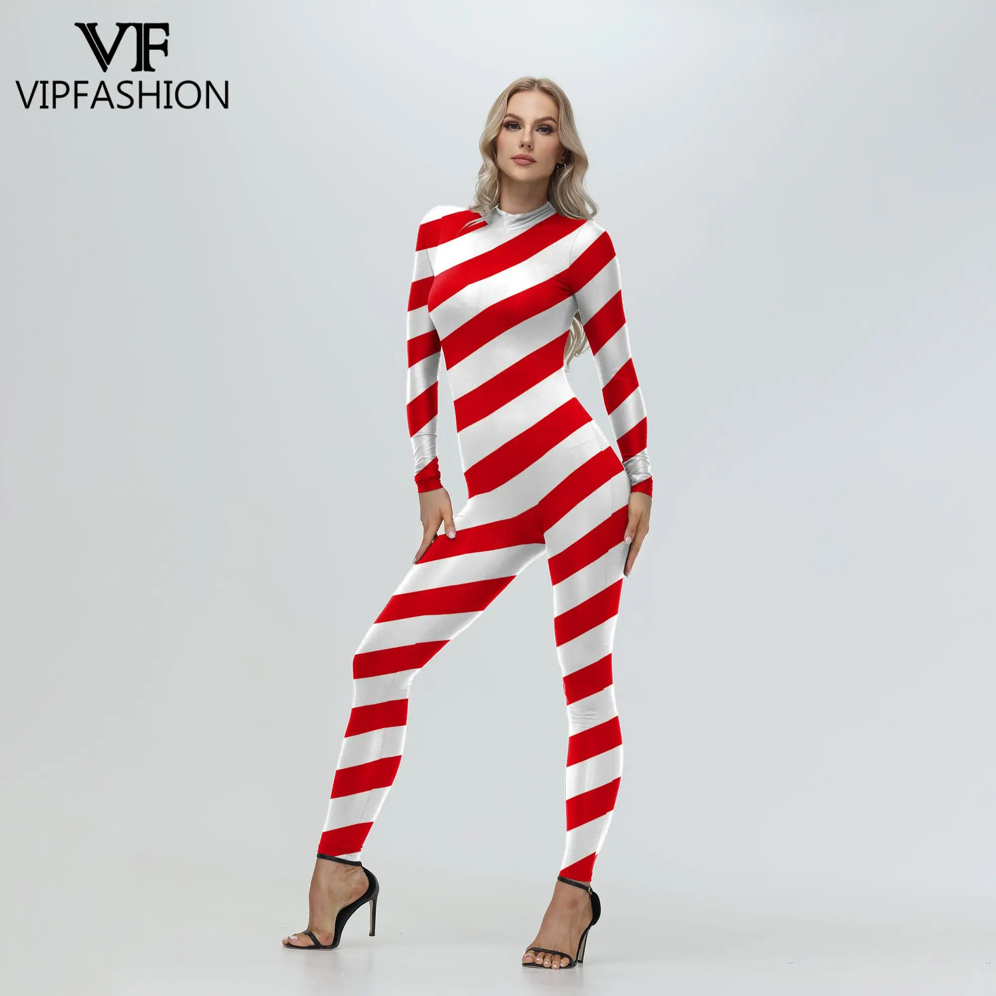 VIPแฟชั่นChristma Candy Caneบอดี้สูทสีแดงStripe Jumpsuitผู้หญิงManเทศกาลคอสเพลย์เครื่องแต่งกายXmas Partyคู่Zentai