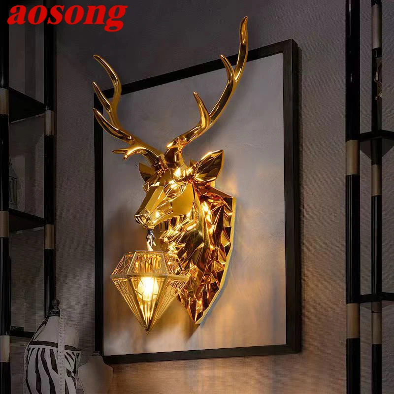 

AOSONG Contemporary Golden Deer Wall Lamp Personalized And Creative Living Room Bedroom Hallway Aisle Decoration Light