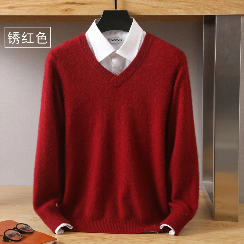 Men's 100% Pure Mink Cashmere Sweater V-Neck Pullover Knitted Large Size Mink Sweater Winter New Tops Longsleeve Fashion Highend