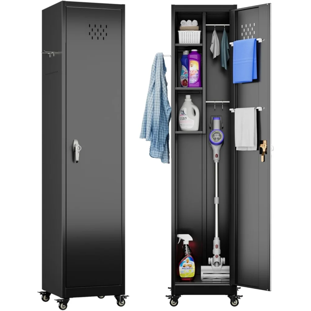 

72" H Lockable Storage Cabinet with Wheels, Metal Cleaning Tool Cabinet with Hooks, Cleaning Supplies for Broom