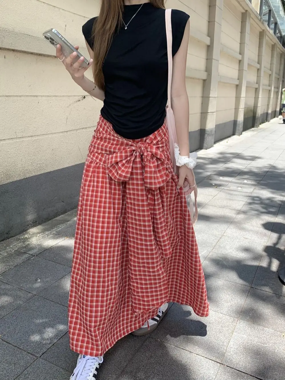 Wedbleser Fashion 2025 Summer New Women Retro High Waist Slimming Stylish Versatile A-line Long Straps Plaid Skirts