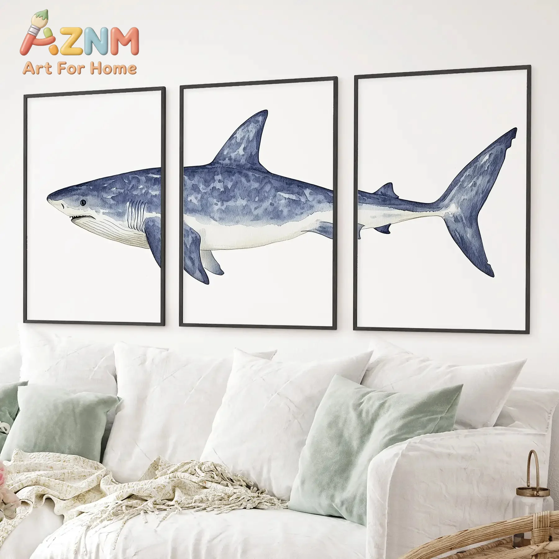 AZNM Shark Canvas Wall Art Ocean Animal Watercolor Blue Style Frameless Canvas Painting Boys Nursery Kids Room Home Decor Poster