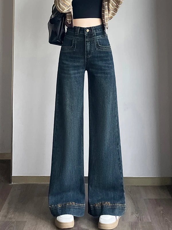 

Women's Wide Leg Denim Jeans Spring Autumn Winter New Letter Embroidery Design High Waist Cotton Polyester Spandex Blend