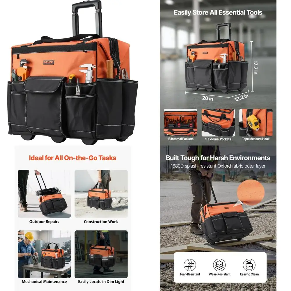 

Heavy-Duty Telescoping Handle 110 lbs Capacity 27-Pocket Rolling Tool Bag with Wheels for Ultimate Convenience