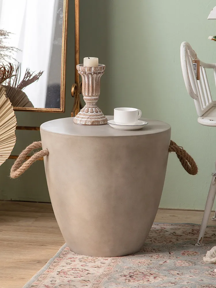French retro sofa side table removable living room round small coffee table bedroom bedside art rope art handle corner table