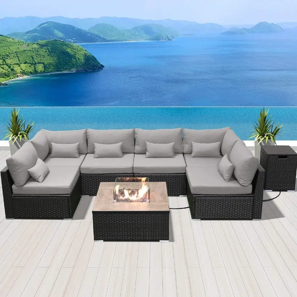 Fire Table Set Sectional Outdoor Furniture Propane Firepit Dark Brown Rattan Multi Colors Outdoor Sofa Set