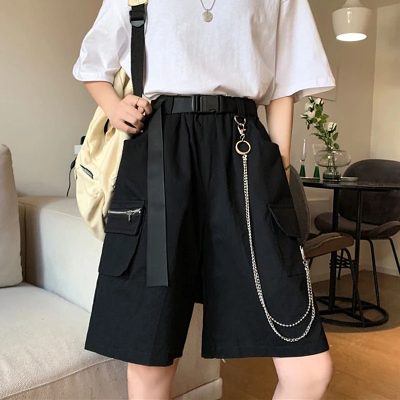 Rimocy Harajuku Chain Cargo Shorts Women 2024 Summer Big Pockets Wide Leg Shorts Woman Black High Waist Streetwear Shorts Female