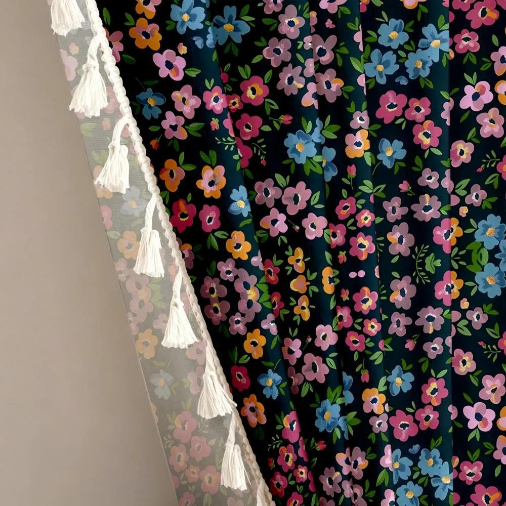 1PC Floral Tassel Sheer Curtains, Dark Teal Pink Bloom, Digital Print, Linen Polyester, Bedroom Living Room, Home Decor