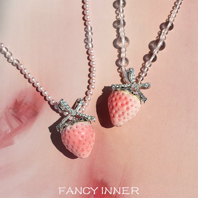 2025 New Strawberry Necklace Bowknot Rhinestone Pearl Crystal Sweet Neck Accessaries for Women Girl Party Jewelry Gift