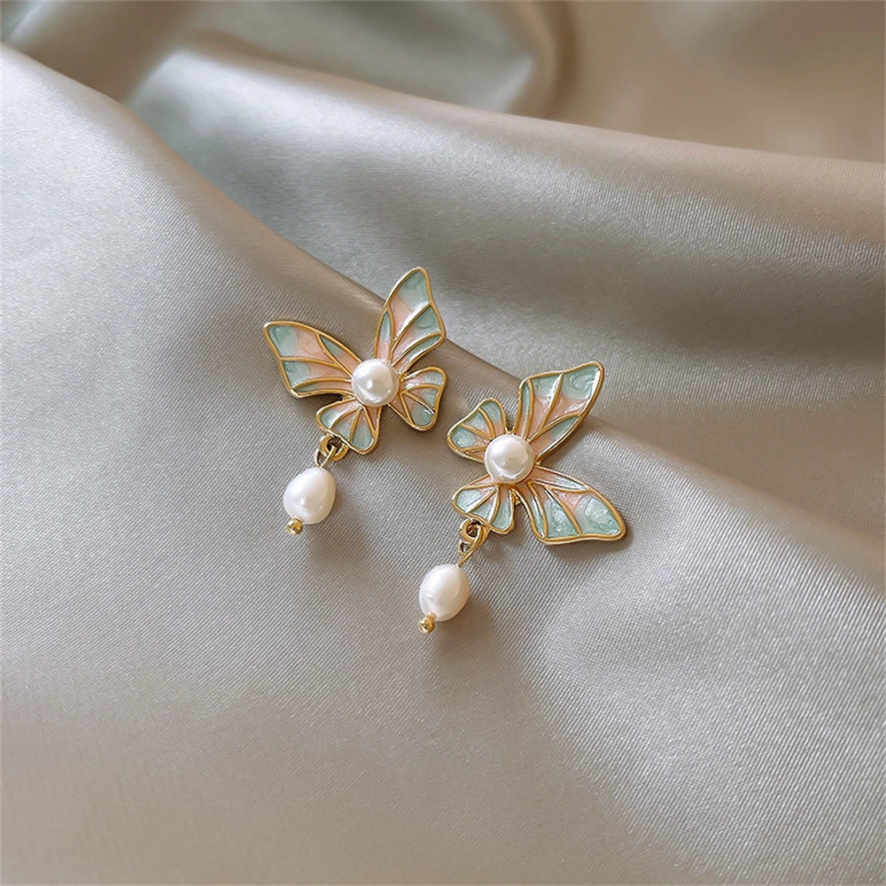 Butterfly Pearl Earring Enamel Oil Painting Style 925 Sterling Silver Earrings Women\'s Temperament Retro Elegant Earrings