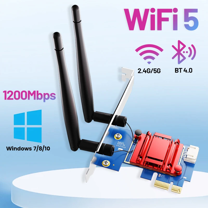 

Двухдиапазонный беспроводной адаптер Wi-Fi 5 PCI-E, сетевая карта AC1200, 2,4 ГГц/5 ГГц с Bluetooth 4,0 для настольного ноутбука, Windows 10