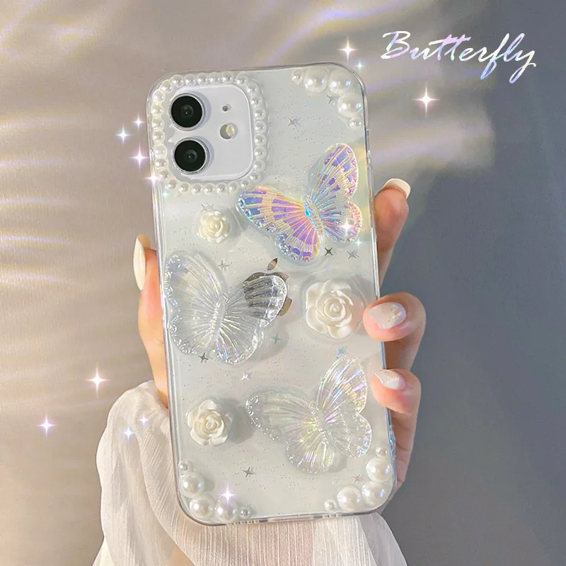 French retro 3D butterfly For iPhone 16 15 14promax phone case dropper glitter For iPhone 13 12pro 11 Applicable