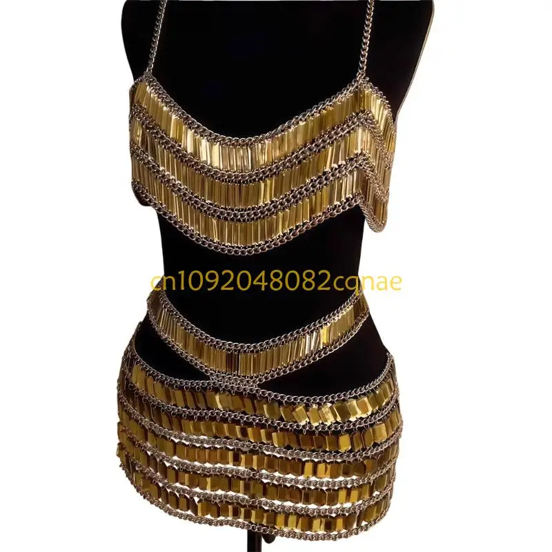 Women Sparkly Rhinestones Chain Mini Skirt Sleeveless Halter Crop Tanks Top Glitter Body Jewelry Fashion Chain