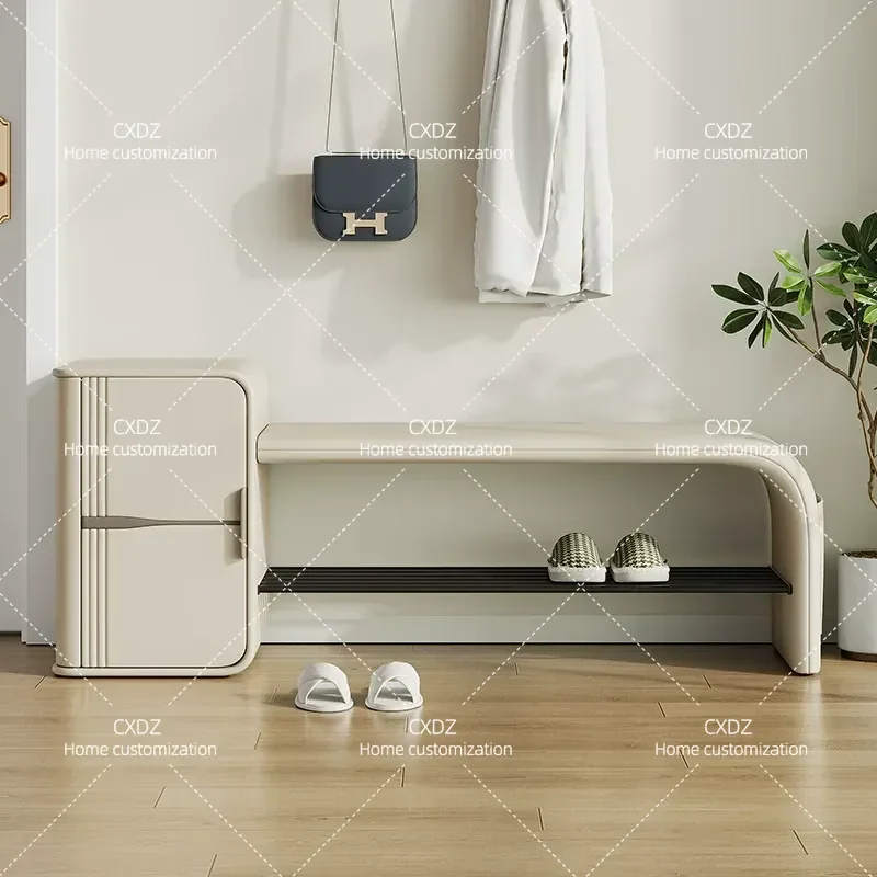 Italian Style Shoe Cabinet with Cushioned Stool Modern Simple Entryway Storage Bench for Home Living Room Shoe Changing Seat