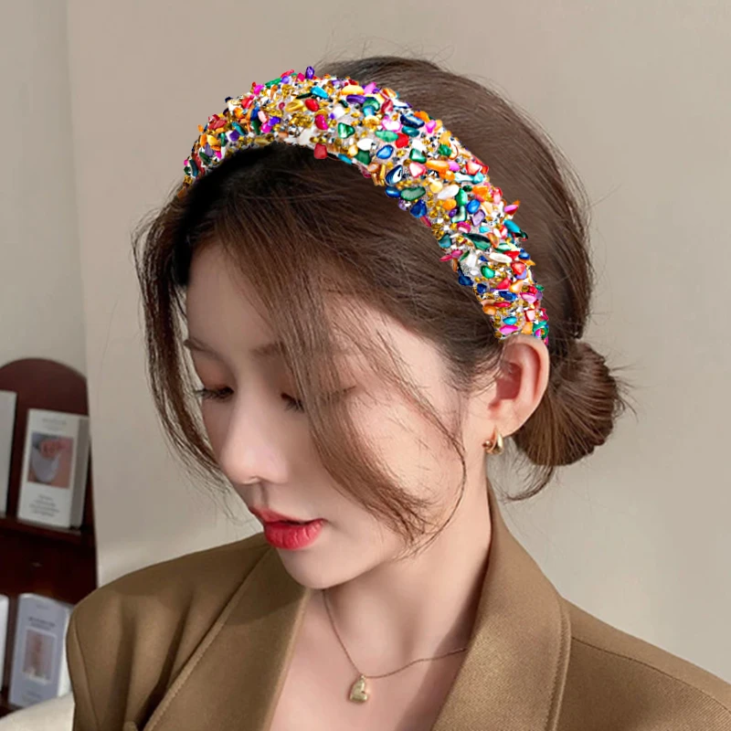 Baroque Crystal Headband Colorful Rhinestones Crystal Stones Sponge Wide-Brimmed Hair Hoop For Women Girls Hair Band Headwear