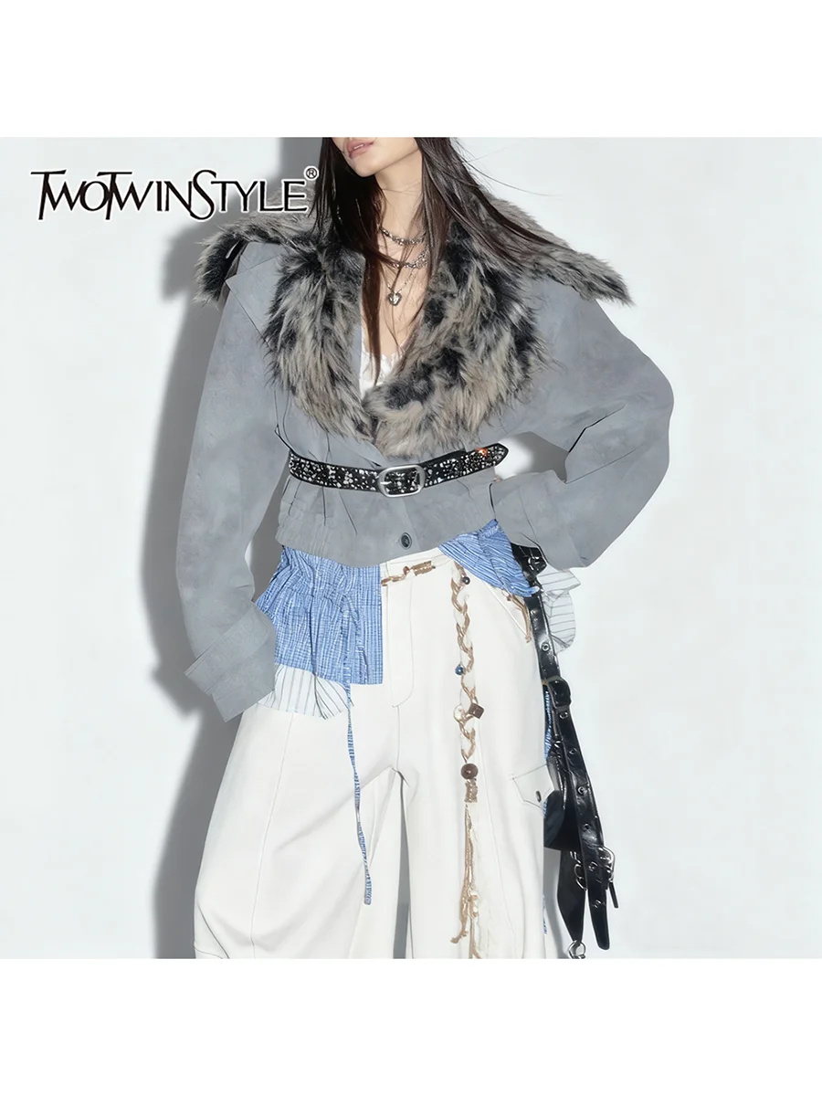 

TWOTWINSTYLE Hit Color Spliced Ruffles Fashion Jackets for Women Fur Collar Long Sleeves Patchwork Lace Up Jacket Female Clothes