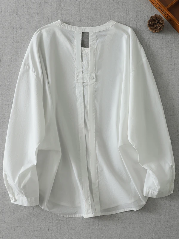 Minimalist White Cotton Long Sleeve Women's Shirt round Neck Splicing Design Fashionable Early Autumn New Style Back Hollow out