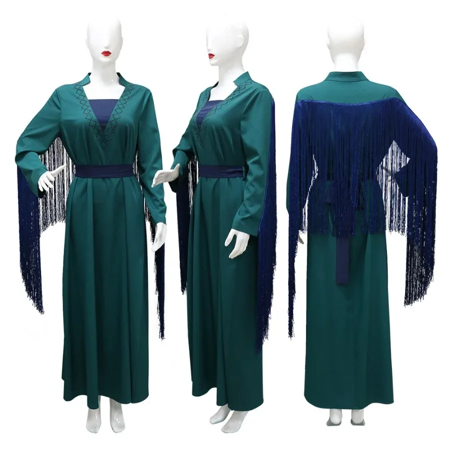 Eid Ramadan Morocco Dress Women Jalabiya Sequins Tassel Muslim Abaya Kaftan Evening Dress Green Party Vestidos Fashion Abayas