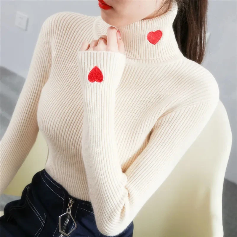 Zoki Women Korean Turtleneck Sweater Fashion Heart Embroidery Knitted Jumpers Autumn Winter Simple Basic Soft Warm Sweaters New