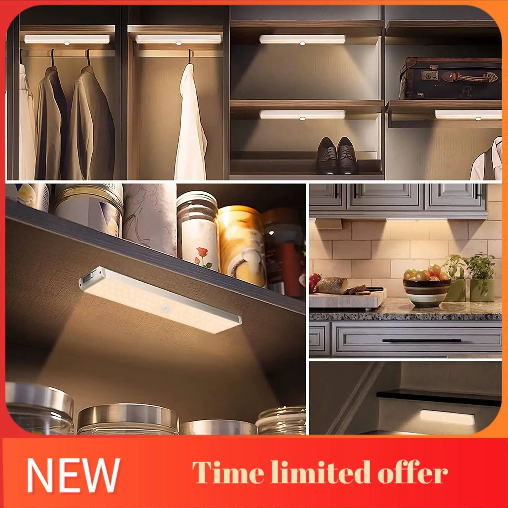 ABRN-LED Closet Light,60 LED Rechargeable Motion Sensor Closet Light Under Cabinet Light,For Wardrobe, Stairs, Bedroom,3 Pack