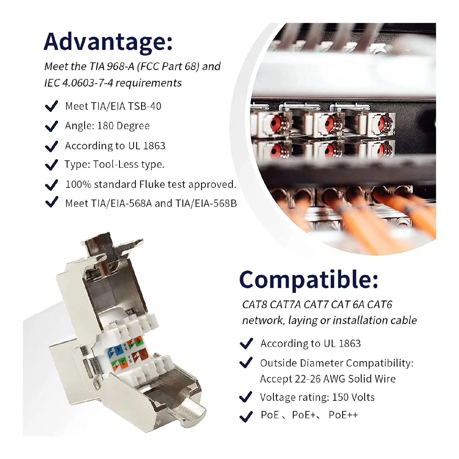 FASO Cat6a Cat7 Keystone Jack Cat7 RJ45 STP Tool-Less Type Zinc Alloy Module Jacks Adapter Coupler for 22 to 26 AWG