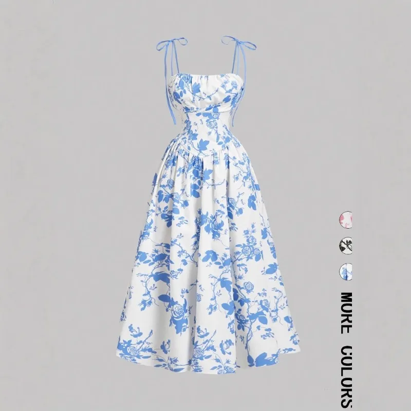 Retro Style Floral Print Bandeau Dress Butterfly Knot Strapless Knee-Length Polyester Fiber Empire Waist Cross-Border New Model