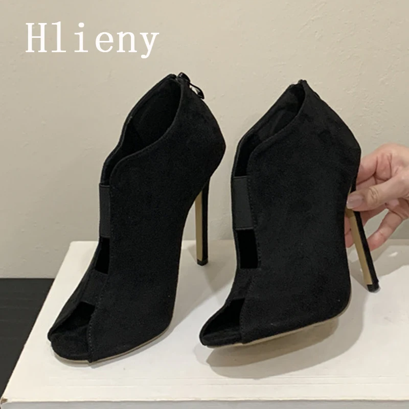

Hlieny Spring Fashion Hollow Out Boots Sandals Peep Toe Zipper Women Stiletto High Heels Party Dress Shoes Ladies Pumps Black
