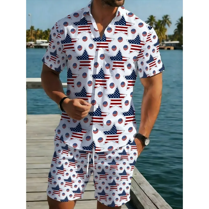 Men's Polyester Short Sleeve Shirt & Shorts Set US Flag Print Lightweight Casual Beachwear for Outdo