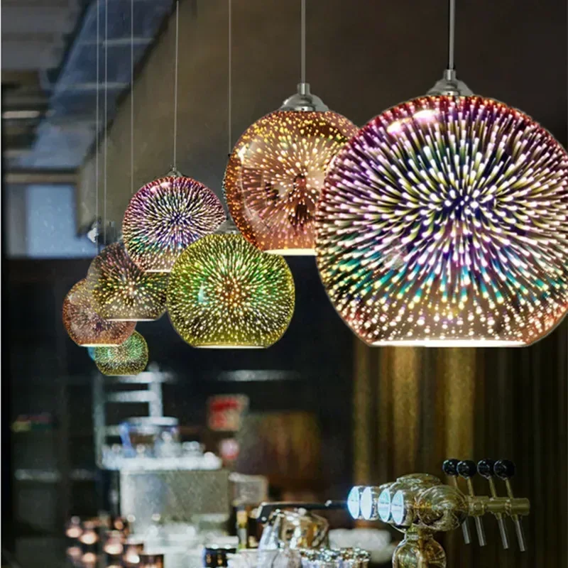 LED Modern Pendant Light 3D Fireworks Colorful Plated Glass Ball Decorated Bar Dining Kitchen Lamp Hanging Flash Light Fixture