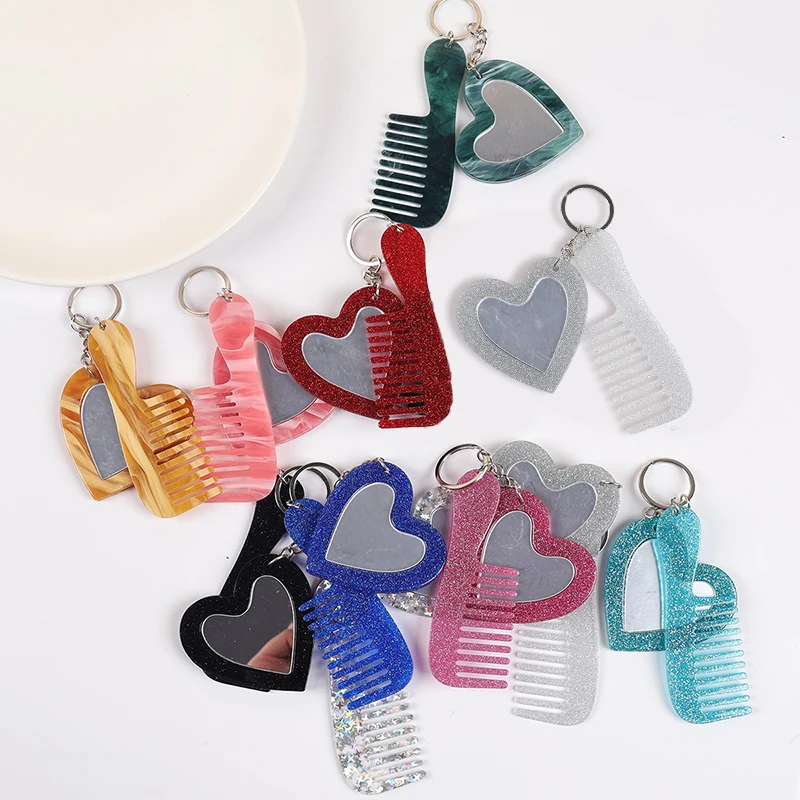 Fashionable Mini Comb Keychain With Heart Shape Makeup Mirror Handmade Creative Keyring Fashionable Key Ring Backpack Decoration