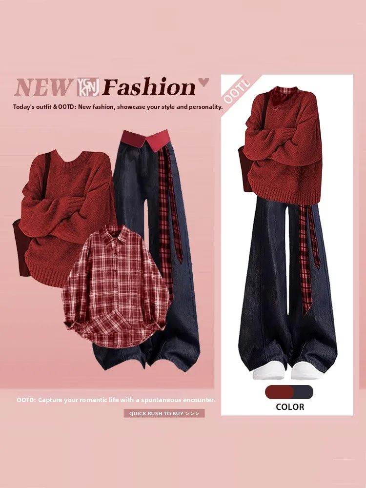 

Sli College Winter Outfit Tee-Piece Set Red Sweater Plaid irt Wide Leg Jeans High Waist Trousers Casual Wear