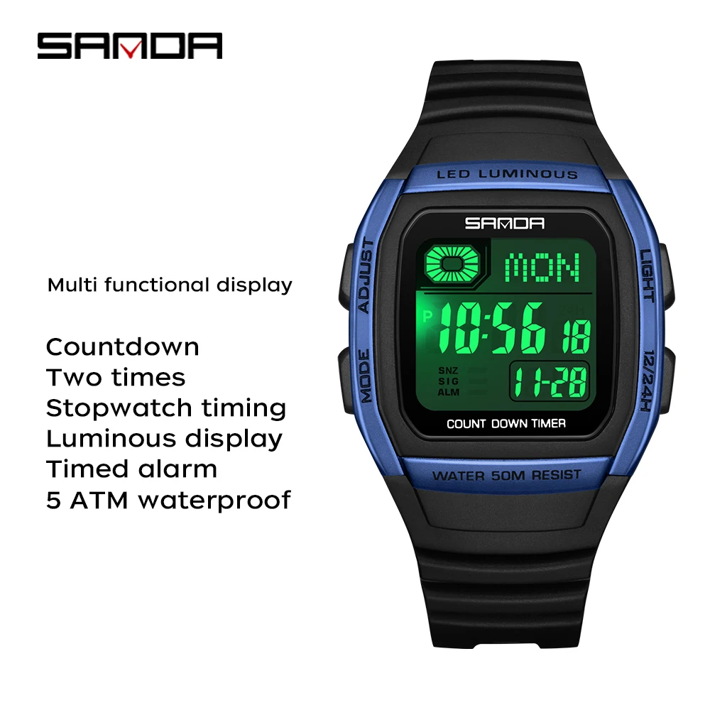 Sanda 2208 relógio eletrônico jovem de contagem regressiva masculino ao ar livre luminoso esportes cronômetro à prova dwaterproof água led relógio original feminino 2025