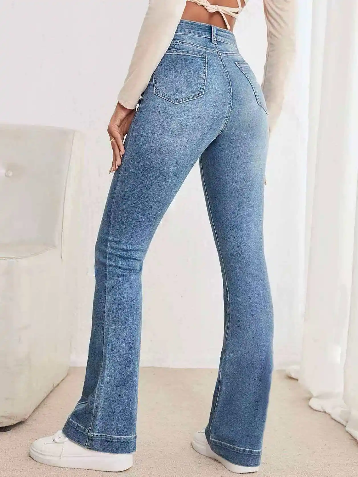 High Waist Bell Bottom Jeans Women Light Blue High Elastic Slim Fit Long Pants Leg Lengthening Effect