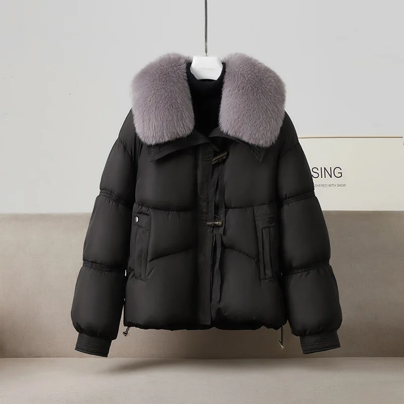 Nueva Chaqueta corta de algodón de invierno para mujer, Chaqueta de algodón holgada coreana, abrigo de algodón grueso con cola de piel grande, Parkas para mujer, prendas de vestir exteriores