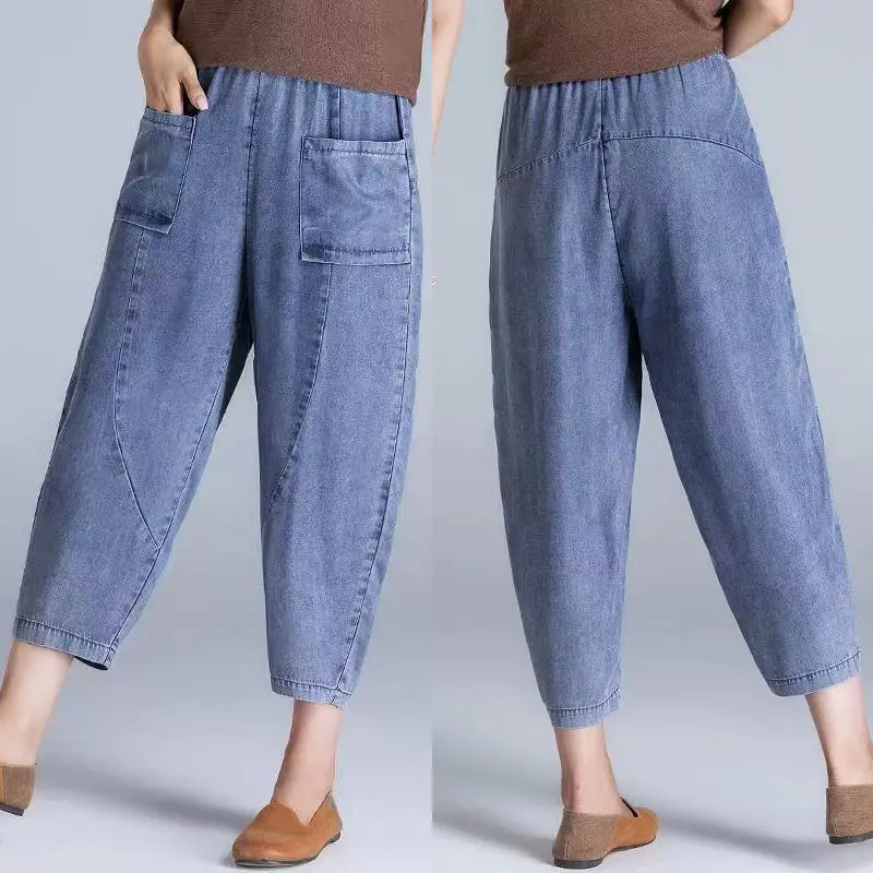 

Elastic High Waist Baggy Jeans Vintage Women Harem Pants Casual Ankle-Length Denim Oversize Korean Streetwear Vaqueros U220