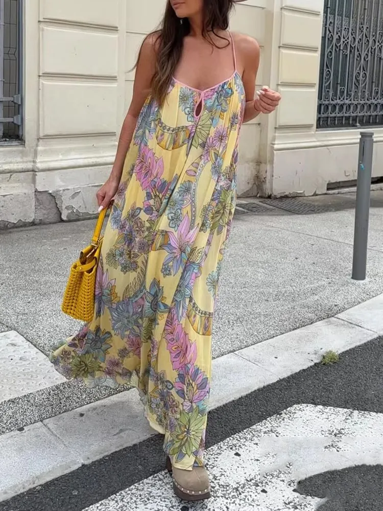 Abito lungo con stampa floreale Donna 2025 Nuova estate Vintage Sexy senza maniche con scollo a V Cami Abiti larghi Chic Holiday Beach Party Dress