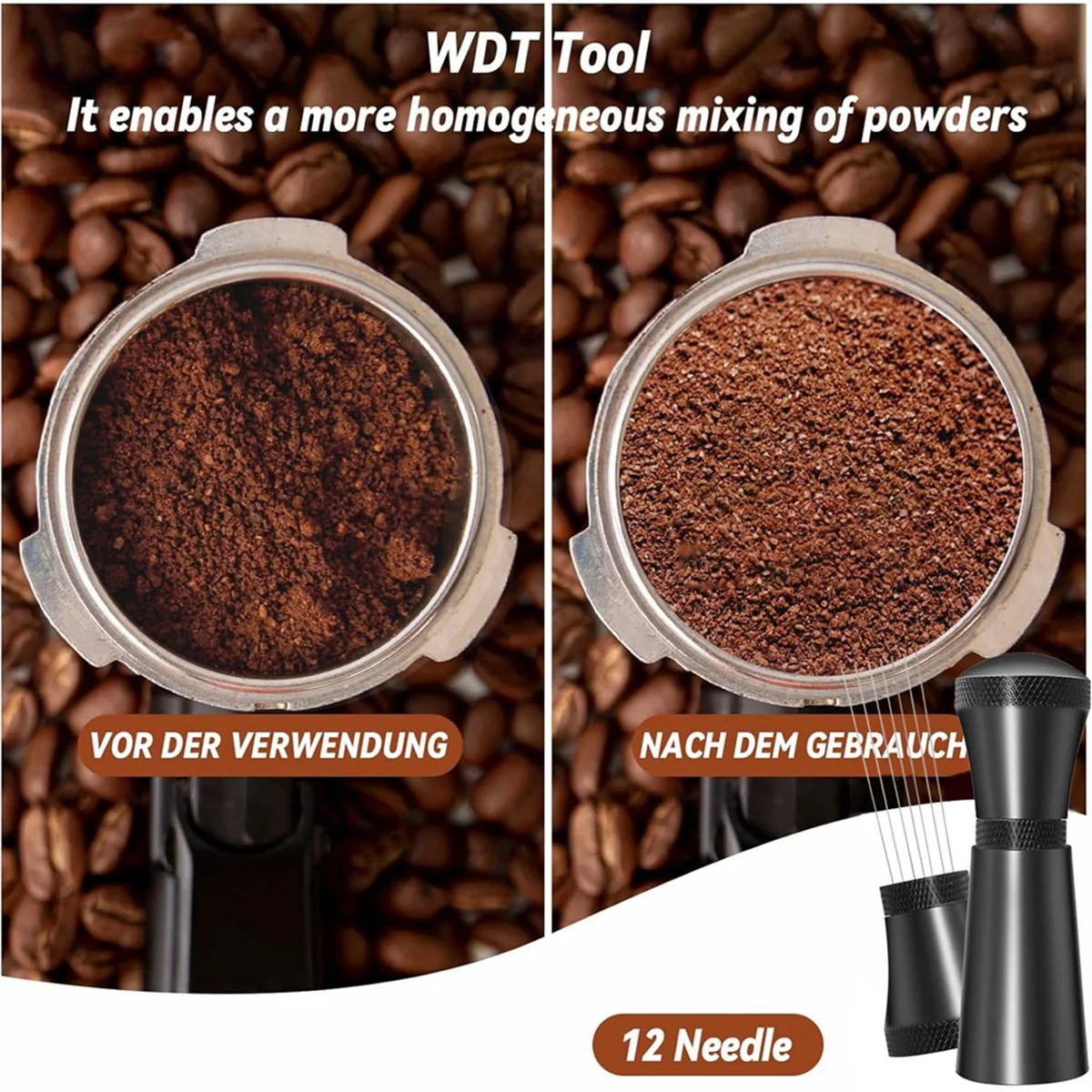 مجموعة ملحقات الإسبريسو مقاس 53 مم، سدادة معايرة محملة بنابض، أداة إبرة من الفولاذ المقاوم للصدأ ومجموعة قمع الجرعات