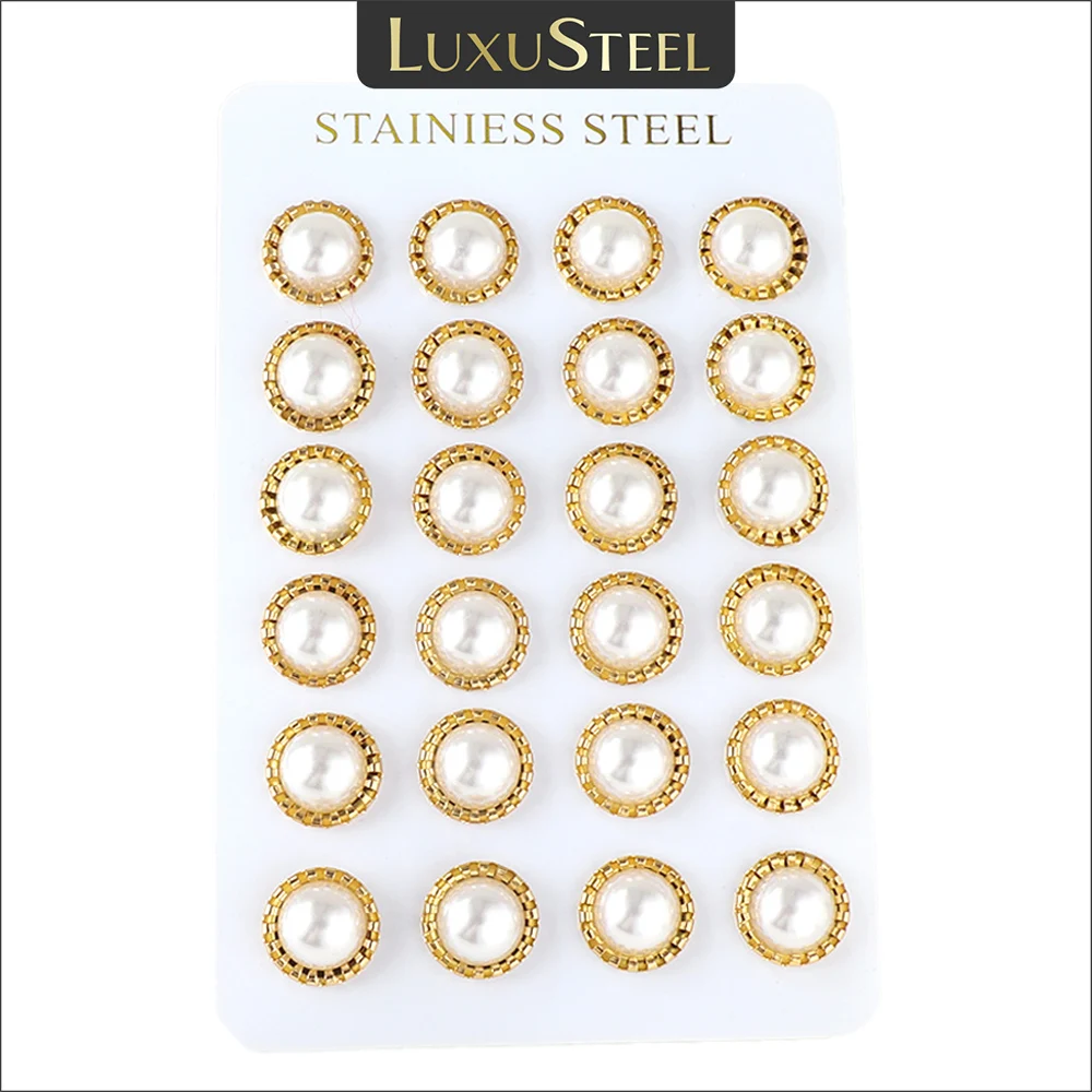 

LUXUSTEEL 12 Pairs/Set Classic White Pearl Earrings Girls Gold Plated Stainless Steel Korean Women Studs Wholesale Ear Jewelry