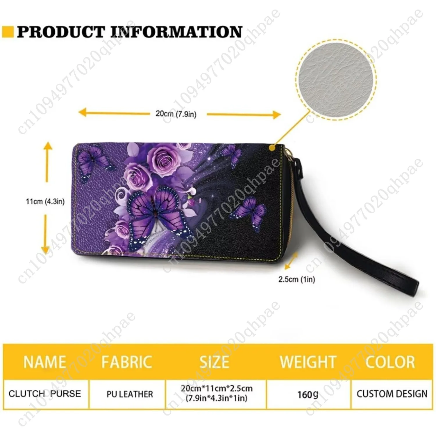 Purple Butterfly Rose Floral Print Long Wallet Ladies Long Wallet PU Leather Card Holder Large Capacity Zip Around Clutch Purse