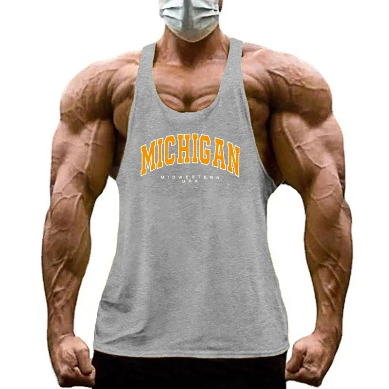 Michigan Midwestern USA Print Sport Tank Tops Mens Fitness Y-Back Cotton Sleeveless Shirt Gym Bodybuilding Muscle Stringer