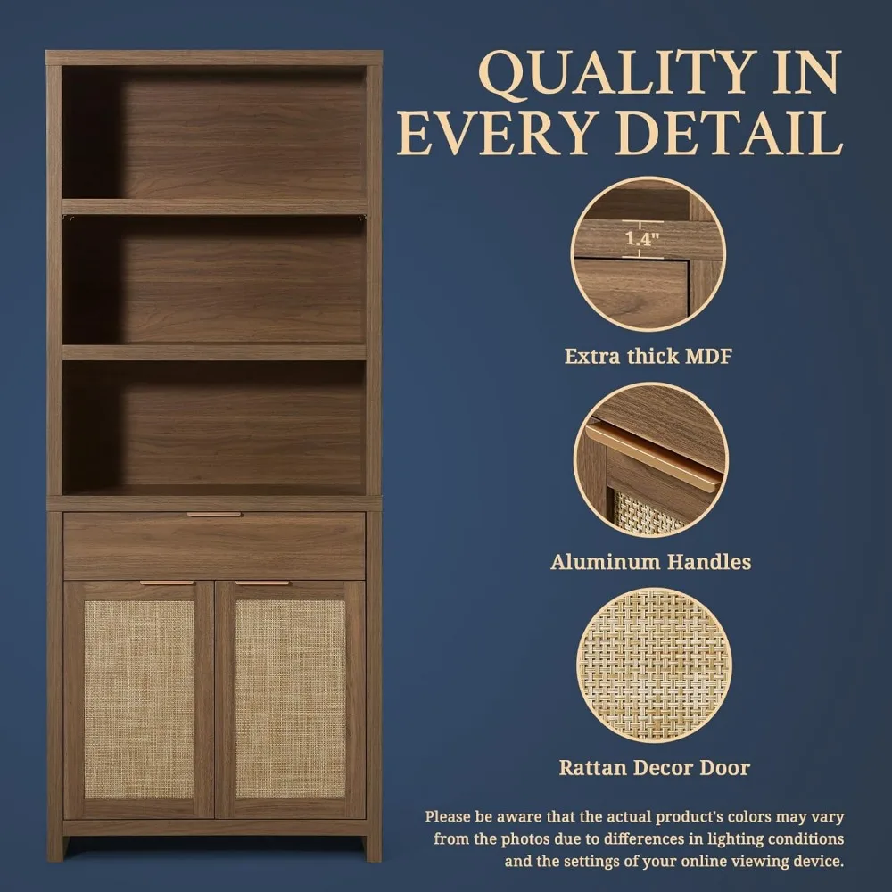 大きな籐製5段木製本棚（扉と引き出し付き、収納用）