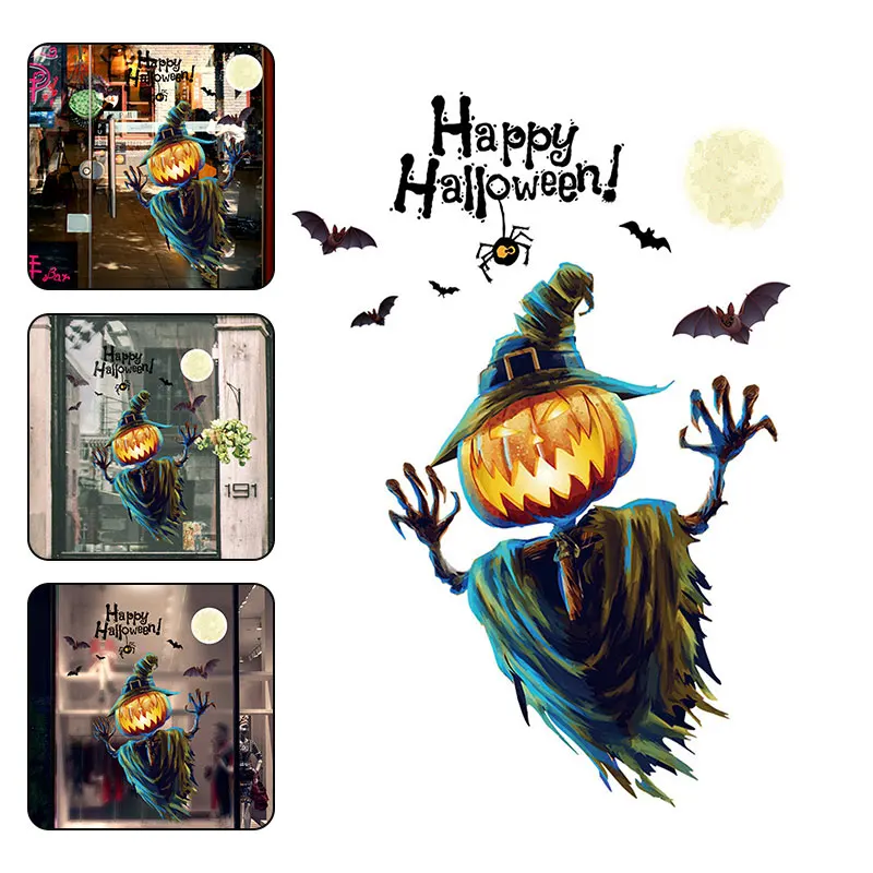 Wall Decals 3D Pumpkin Head Scarecrow Halloween Wall Sticker Removable Window Clings For Halloween Party Decoration